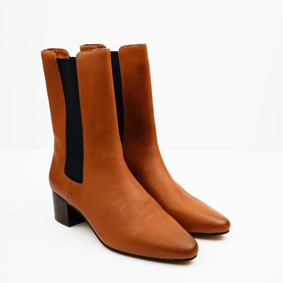 New JCREW Leather High-Shaft Stacked-Heel Boots Rich Caramel - Picture 6 of 8